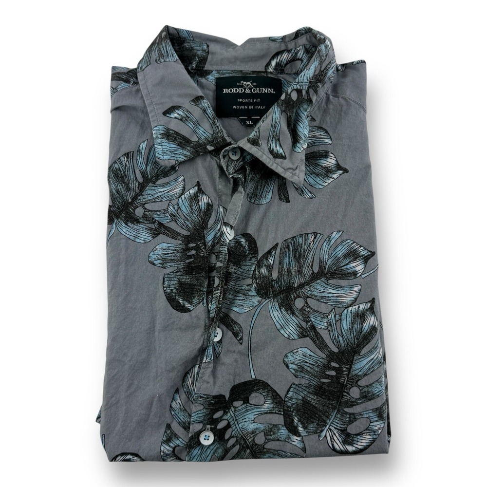 Rodd & Gunn XL Sport Fit Gray Blue Leaf Print‎ Short Sleeve Albini Cotton Shirt
